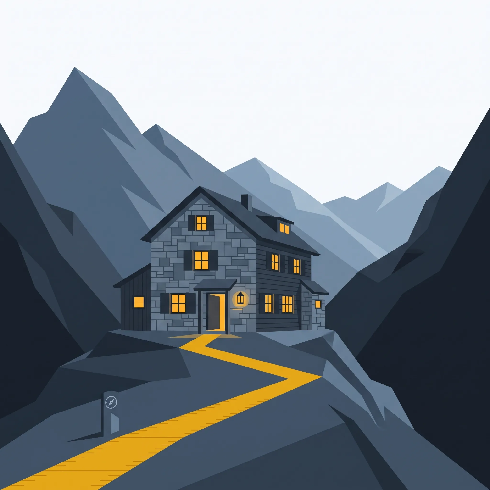 Ilustrácia horskej chaty so sedlom v pozadí
